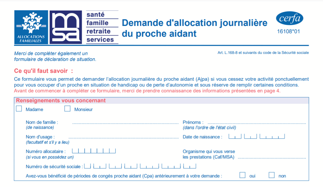 Aperçu du formulaire de demande d'AJPA de la MSA