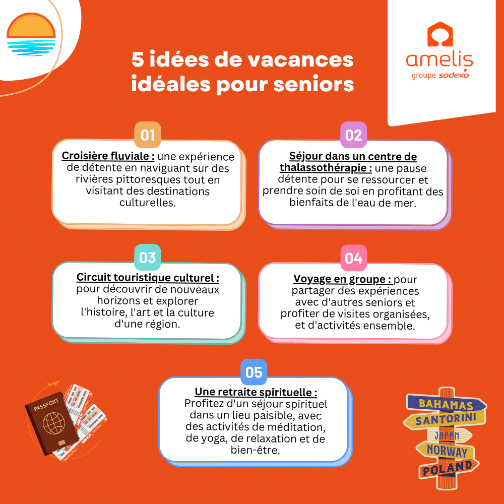 Infographie donnant 5 idées d'endroit où aller en vacances quand on est seniors.