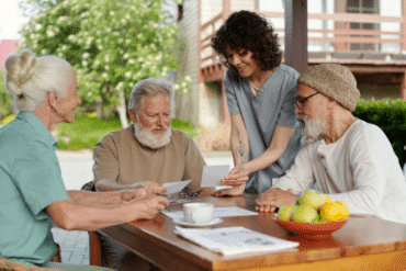 Un groupe de seniors profitent d'un moment de partage dans un béguinage, un habitat inclusif.
