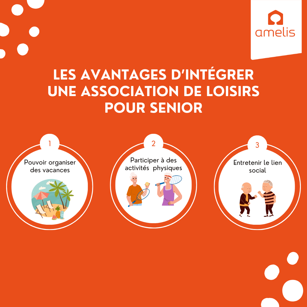 Infographie Amelis, présentant 3 avantages d'intégrer une association de loisirs pour senior