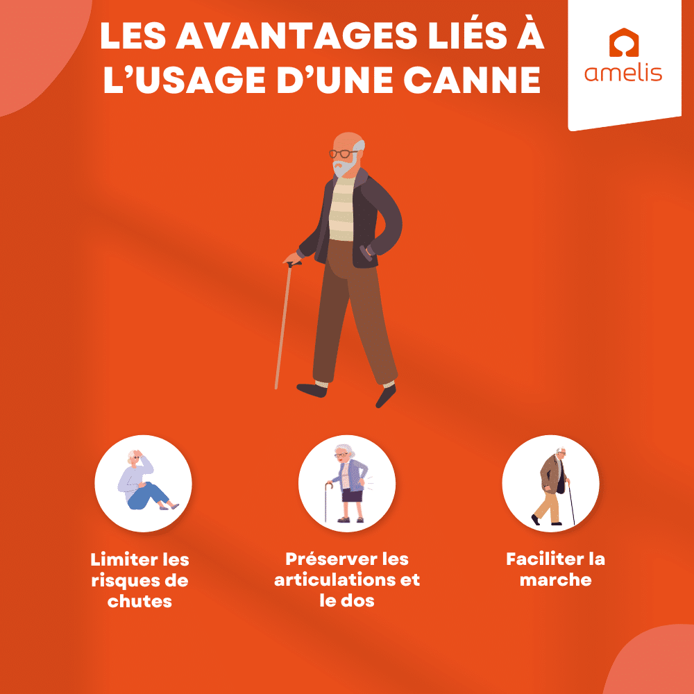 Une infographie Amelis représentant les avantages liés à l'utilisation d'une canne.